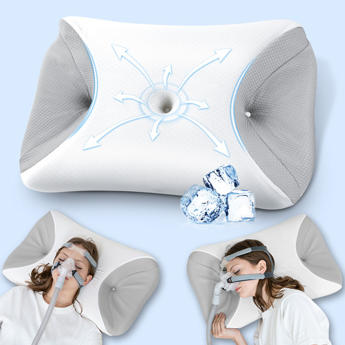 HOMCA Almohada CPAP, Almohada Ortopédica Espuma de Memoria para Todas Las Mascarillas CPAP Que Reduce la Presión de la Mascarilla y Las Fugas de Aire, con Funda Refrescante, 65x40x9/11 cm